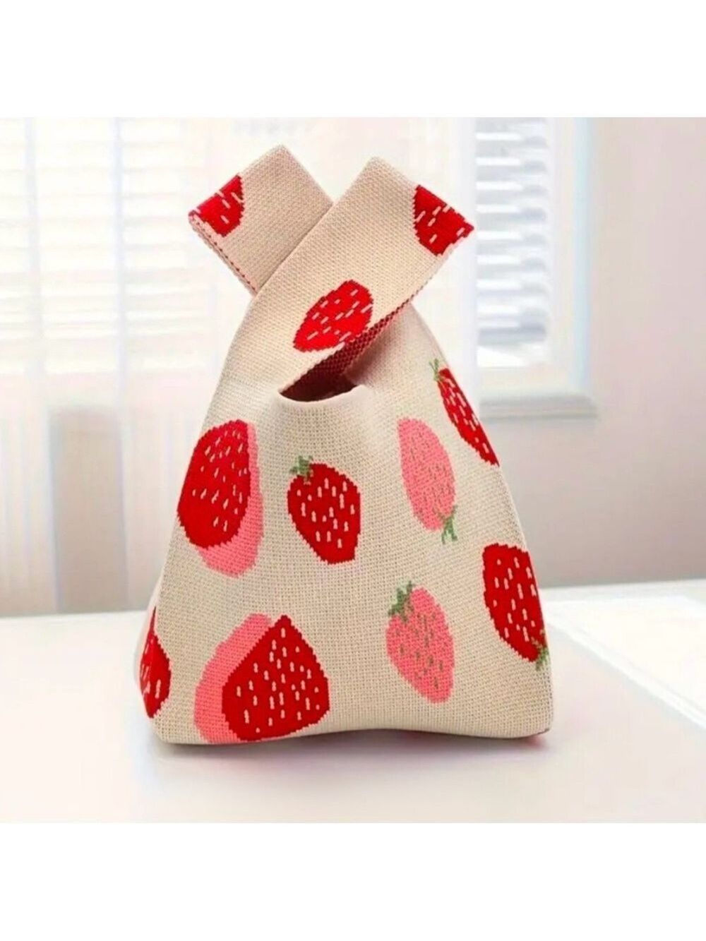 Heavy Woven Knit Strawberry Pattern Tote Purse Bag Japanese Knot Closure Style - Picture 4 of 5